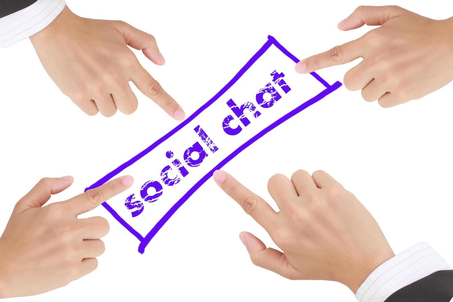 palabra social chat y mano aislado sobre fondo blanco. foto