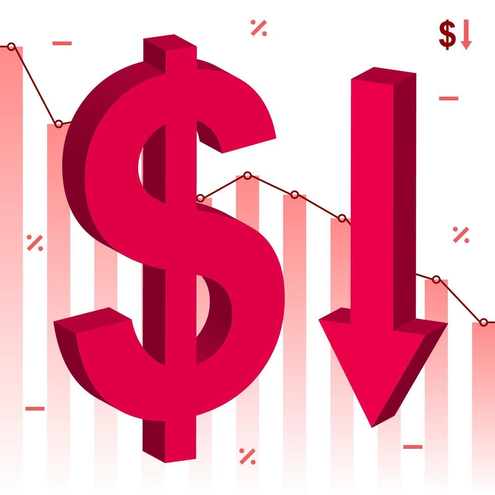 símbolo 3d de moneda de dólar rojo que cae con disminución de fondo de gráfico estadístico vector