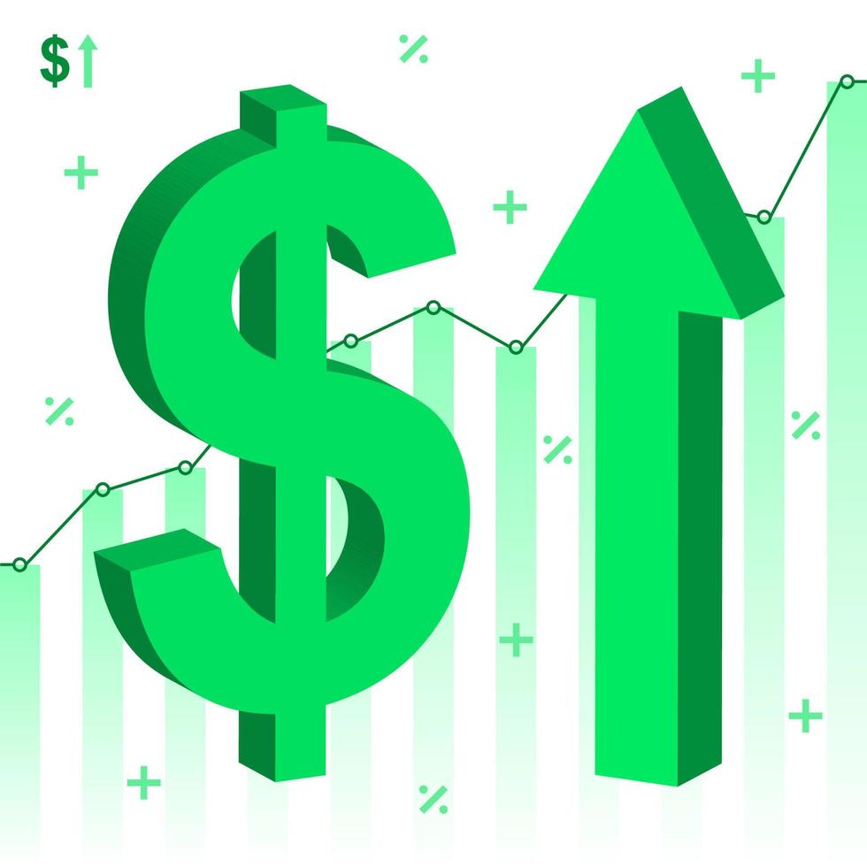 3d symbol of rising dollar currency with growing statistical graph background vector