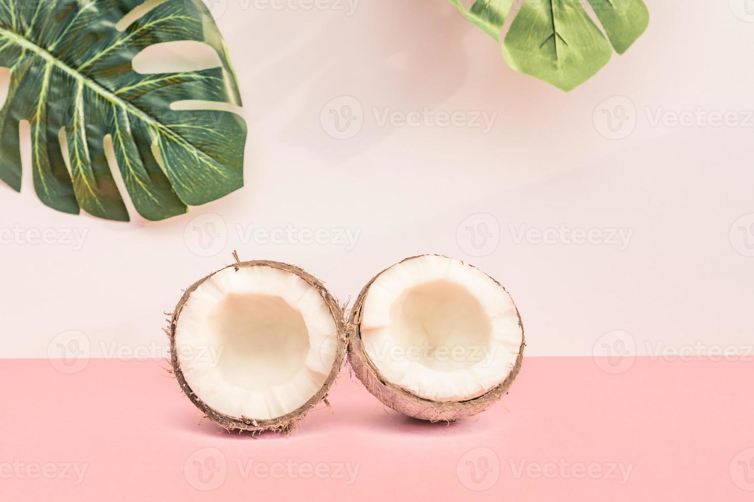 Two halves of fresh raw coconut on pink backgound with green monstera leaves on white. Trendy concept photo