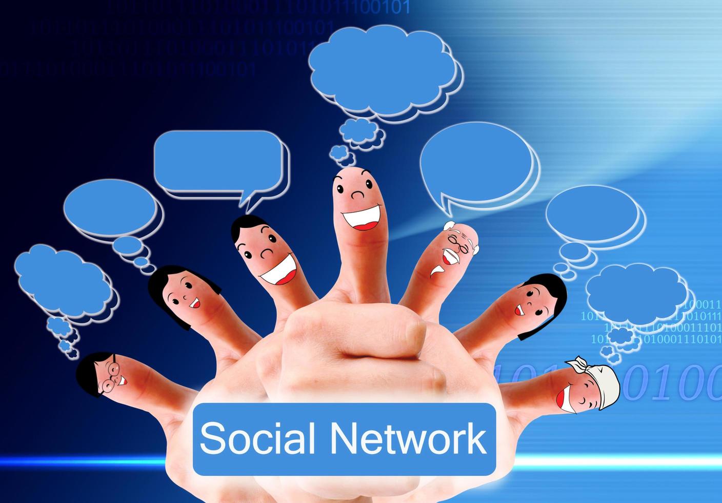 Happy group of finger faces as social network with speech photo