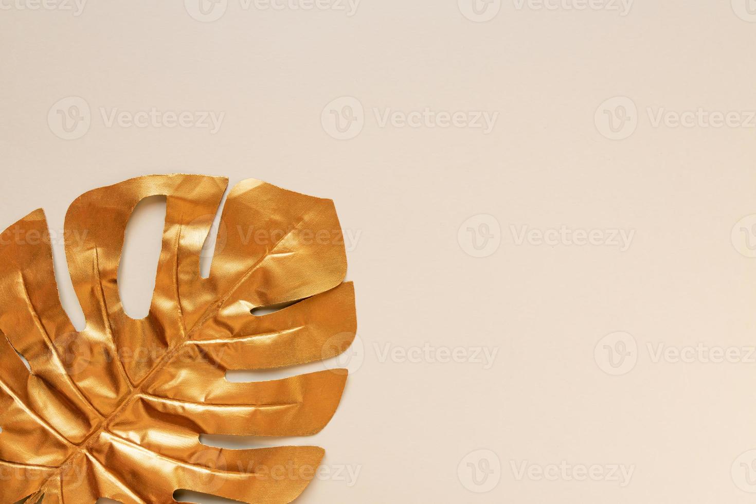 Golden tropical palm leaf Monstera on neutral background. Flat lay, top view minimal concept. photo
