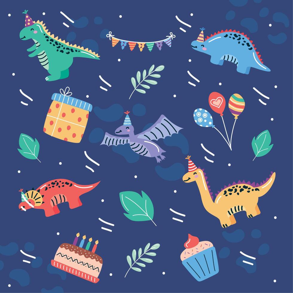 dinosaur birthday icons pattern vector