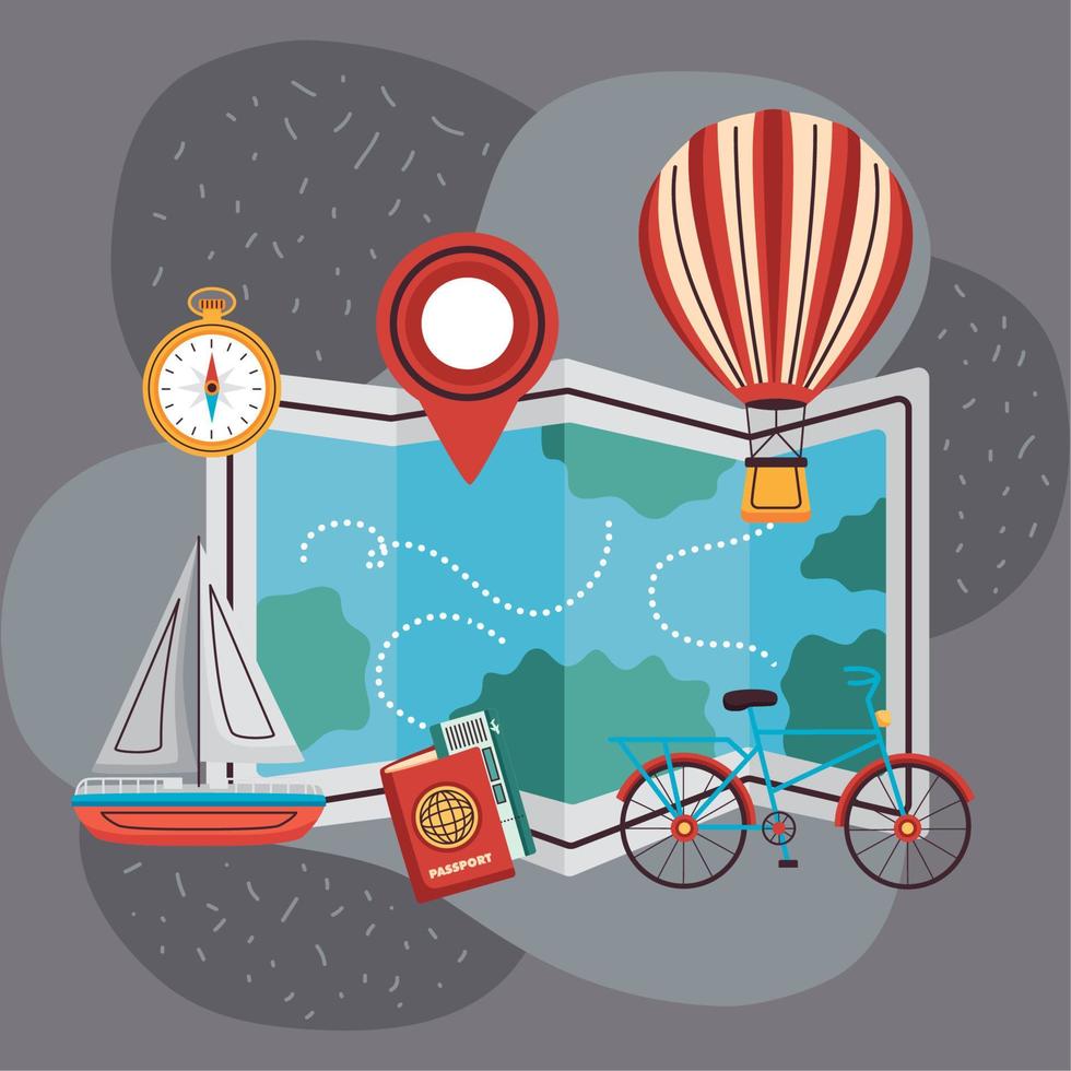 travel icons in paper map vector