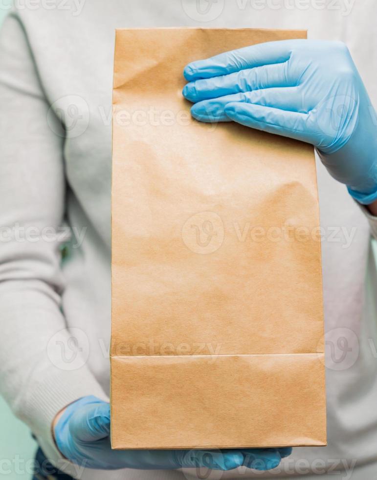 Home delivery food during coronavirus outbreak. Packaging template mockup. Delivery service concept. photo