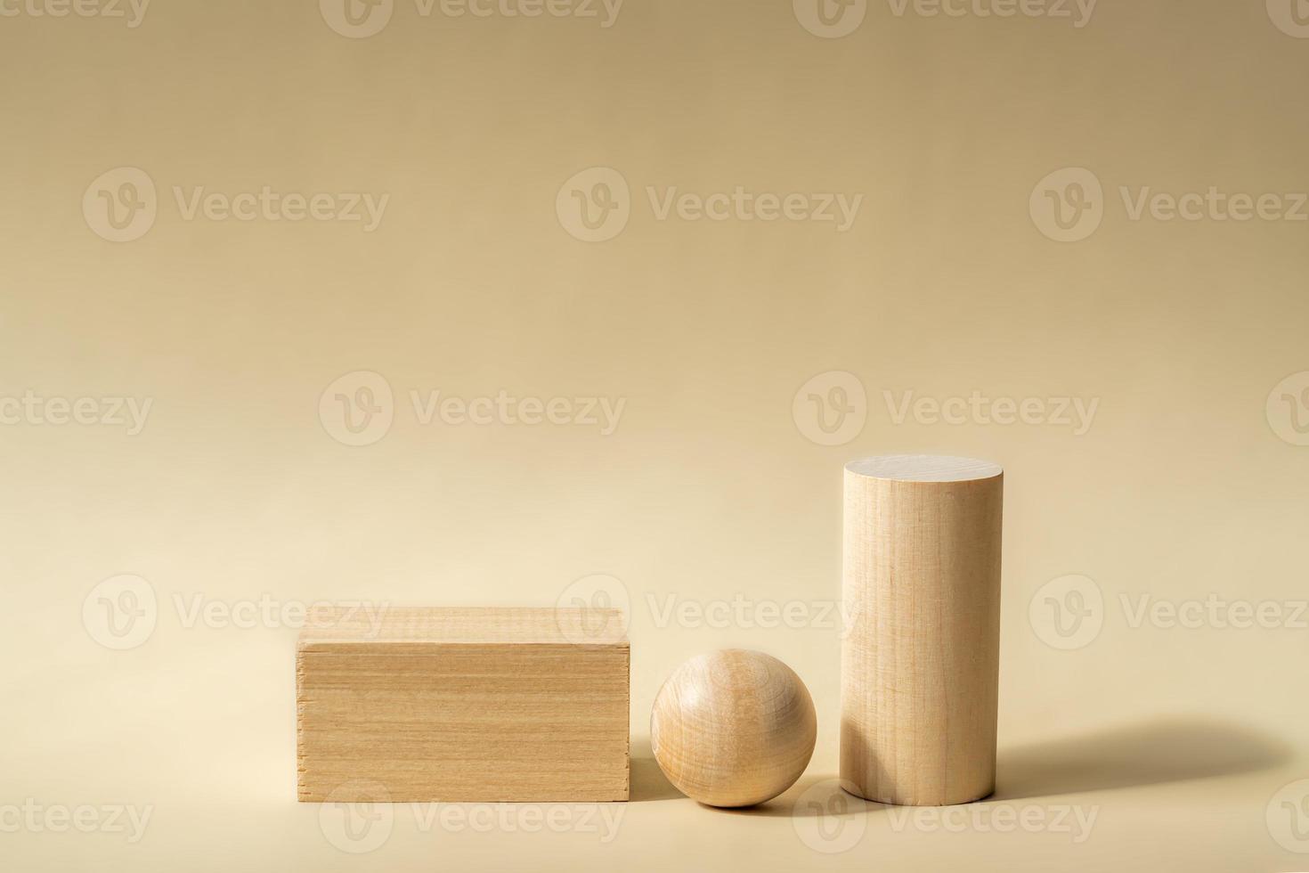Empty wooden podiums of abstract geometric shapes for product presentations. Copy space for your design photo