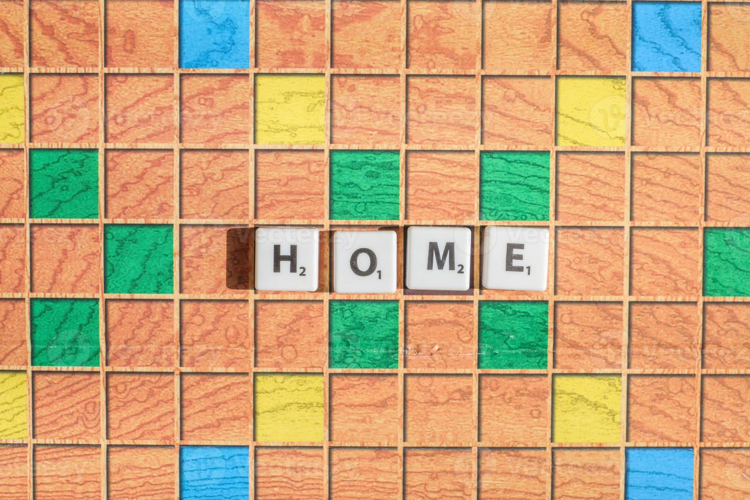 Scrabble game letters. Word home on game board. flat lay top view. photo