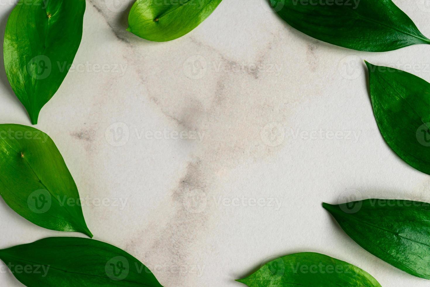 Flat lay composition with tropical leaves and space for text on marble background. Tropical greenery frame photo