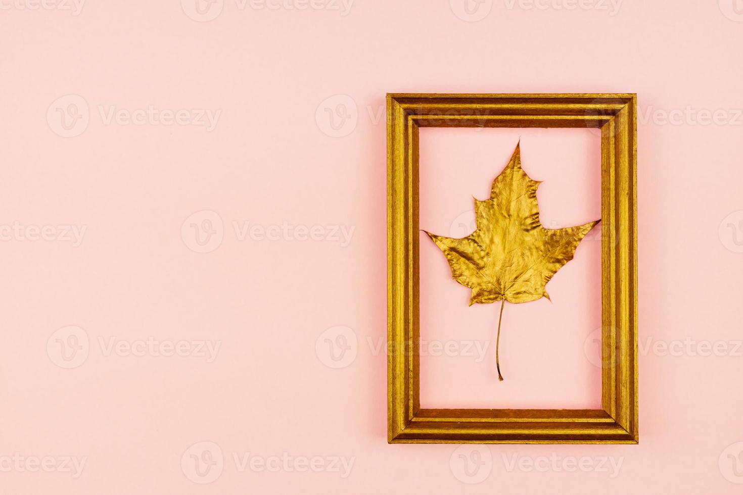 Autumn bouquet of golden painted maple leaves on pink background. Trendy concept. Flay lay in minimalism style. photo