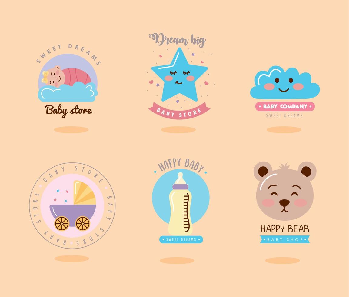 seis pegatinas de baby shower vector