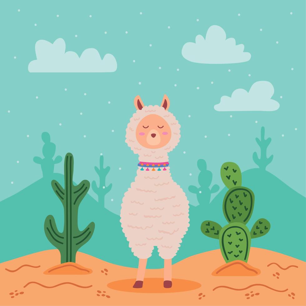 linda llama y cactus vector