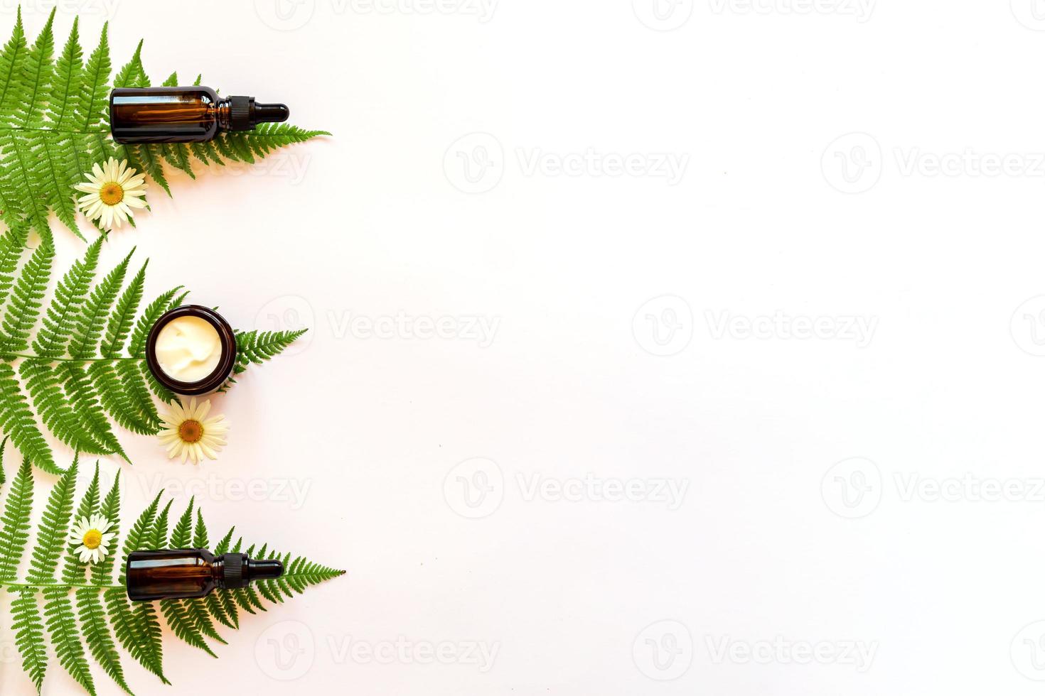 Moisturizer cream jar, serum in glass bottle on white background with fern leaves. Set for skin and body care beauty products. unbranded package photo