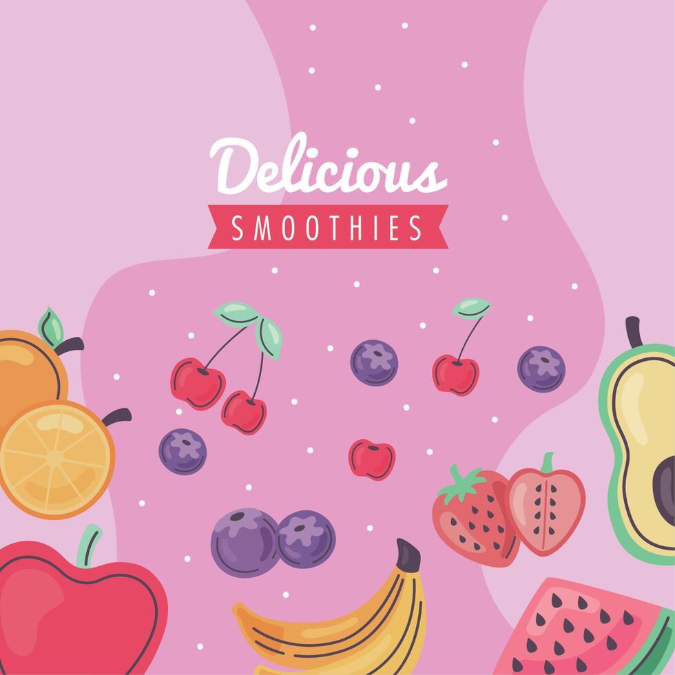 smoothies lettering and fruits vector
