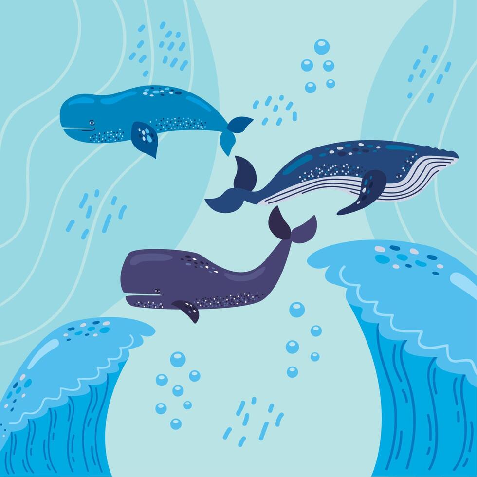 whales and sea waves vector