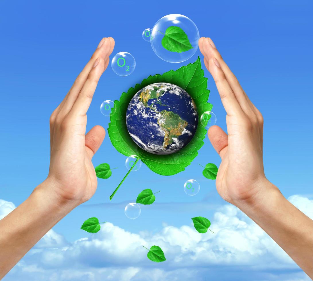 bubbles against the blue sky and clouds. Symbol of environmental protection. photo