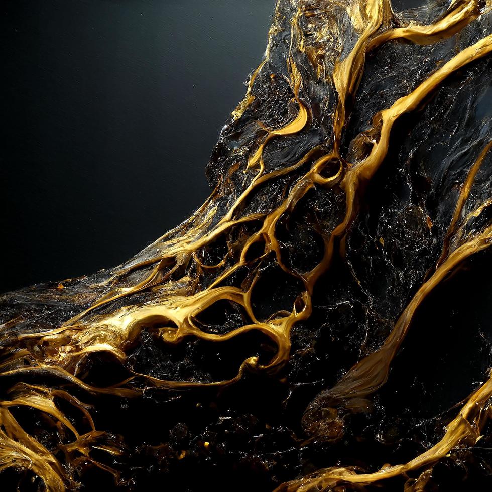 fluid sculpture of melted gold oozing on a vascular obsidian rock wall