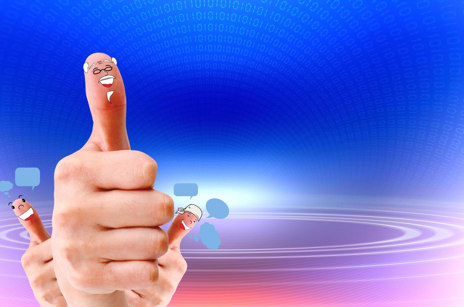 Happy group of finger faces as social network with speech photo