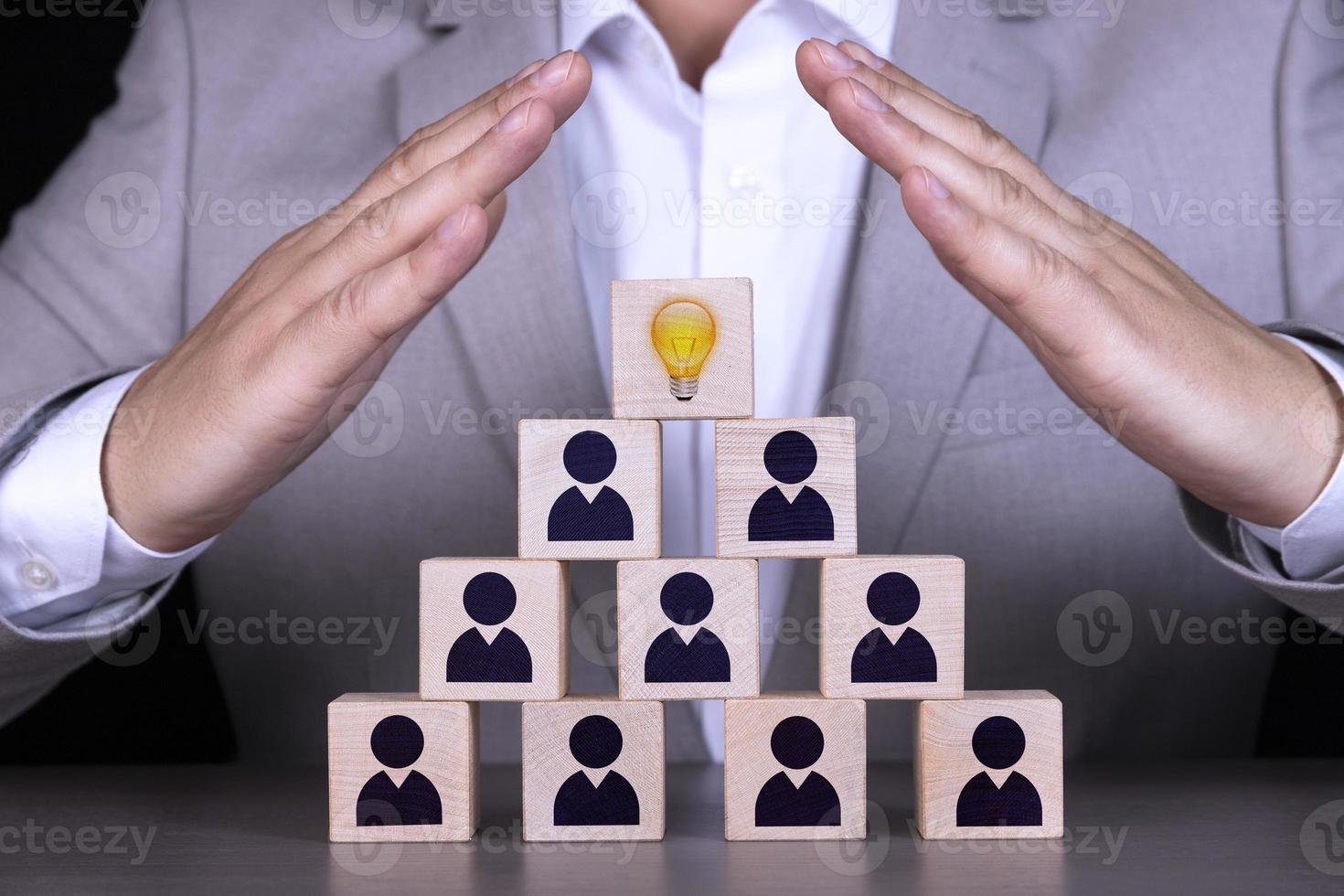 Human resources and corporate hierarchy concept, recruiter team consists of one leader, CEO represented by golden light bulb and icons. photo
