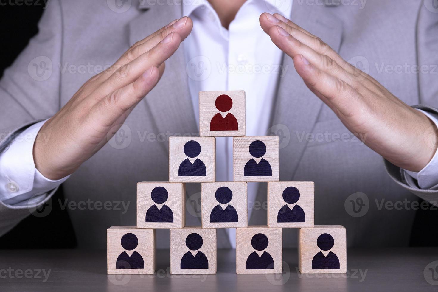 Human resources and corporate hierarchy concept, recruitment team consists of one leader, CEO represented by a red icon. photo