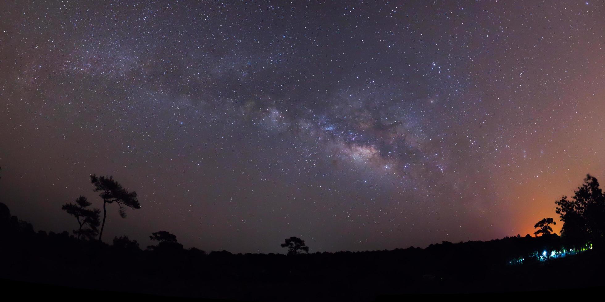 silueta panorámica de árbol con nubes y vía láctea. fotografía de larga exposición. foto