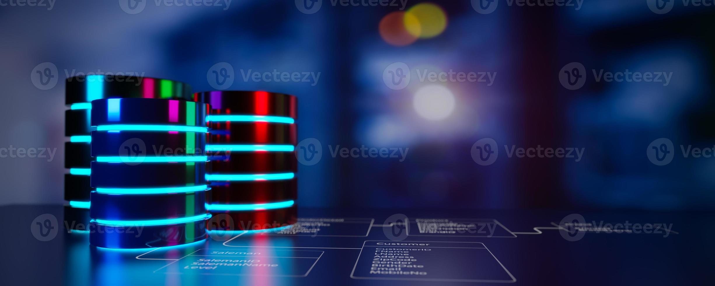 Panoramic view of multiple database is placed on Relational database tables with server room  background. Concept of database server, SQL, data storage, Data center, Webhosting. 3D illustration. photo