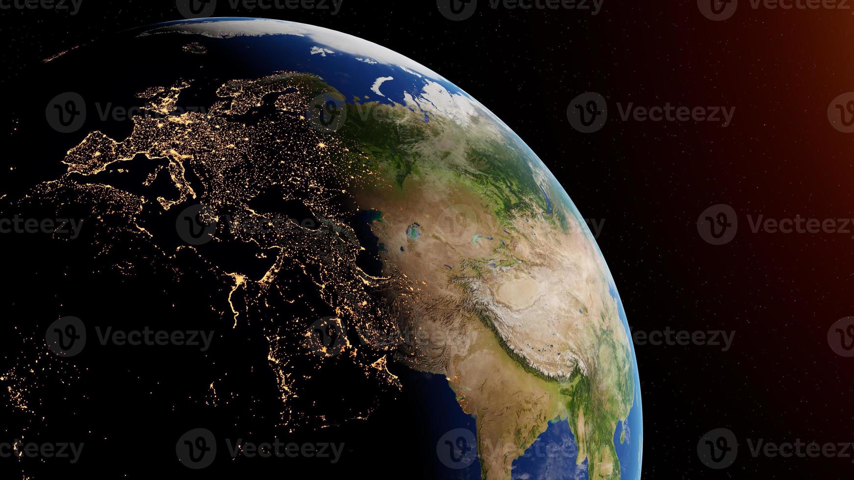 Day and night on Earth planet viewed from space showing the lights of Europe, Middle east, West asia and North Africa. 3D rendering. Elements of this image furnished by NASA. photo
