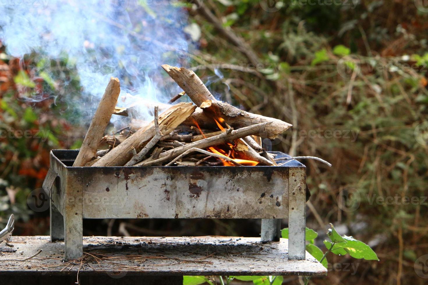 Vegetables and meat are fried on the grill. photo