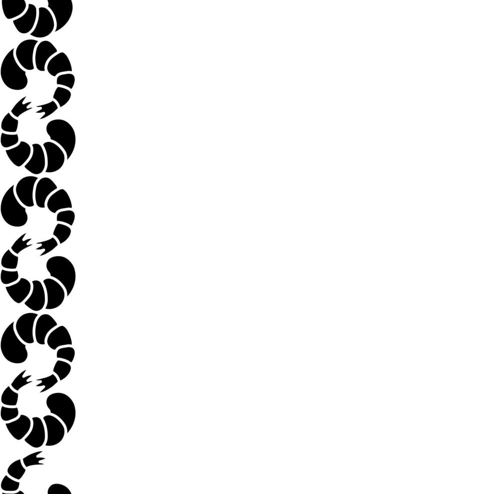 Shrimp. Silhouette. Seamless vertical border. Repeating vector pattern. Seafood. Shrimp tail. Isolated colorless background. Endless ornament. Flat style.