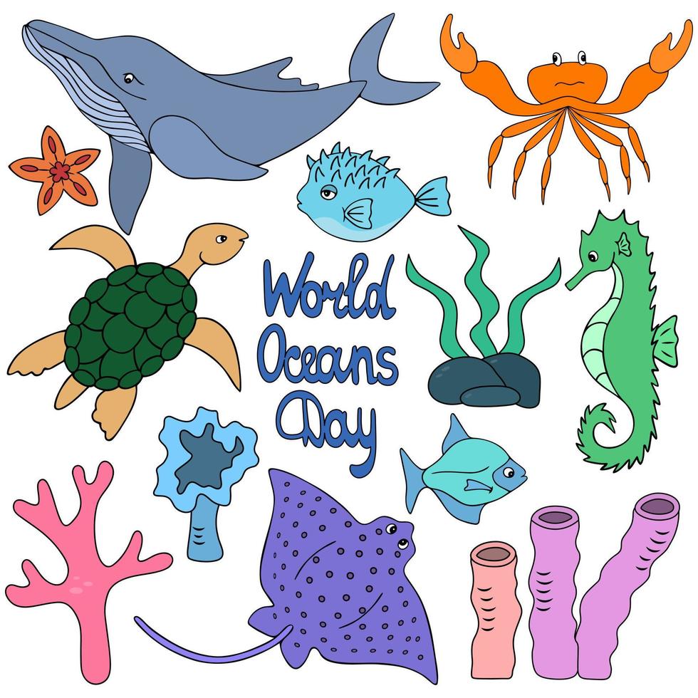 Ocean animals and aquatic plants group of cartoon style illustrations vector