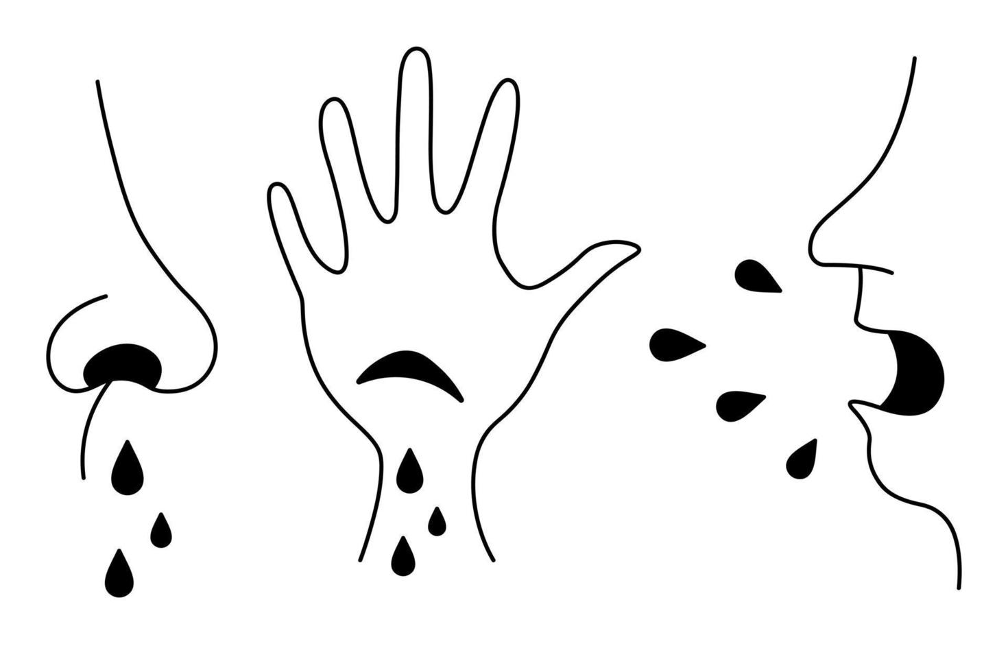 Human nose side view, runny nose, cut on the palm, wound with blood drops, coughing and sneezing. Silhouettes of splashes and drops. doodle style set vector