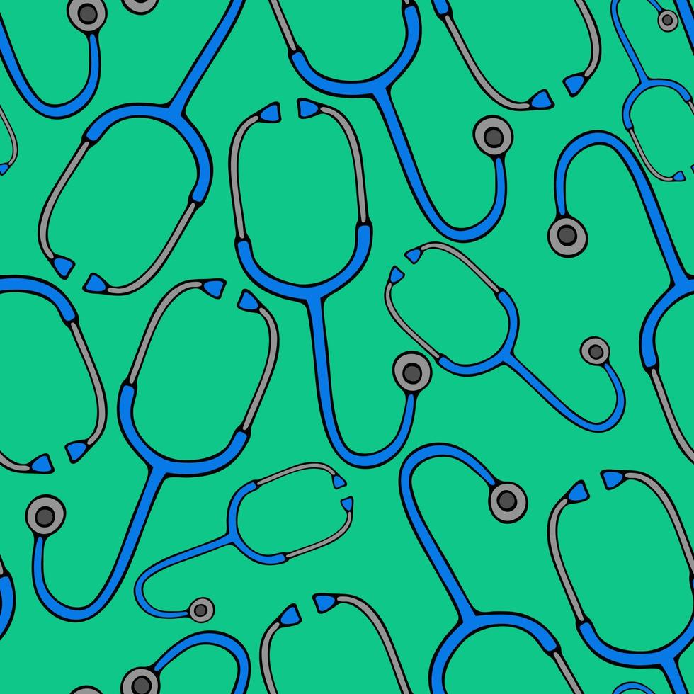 Stethoscope, seamless pattern of blue medical devices on a green background in cartoon style vector