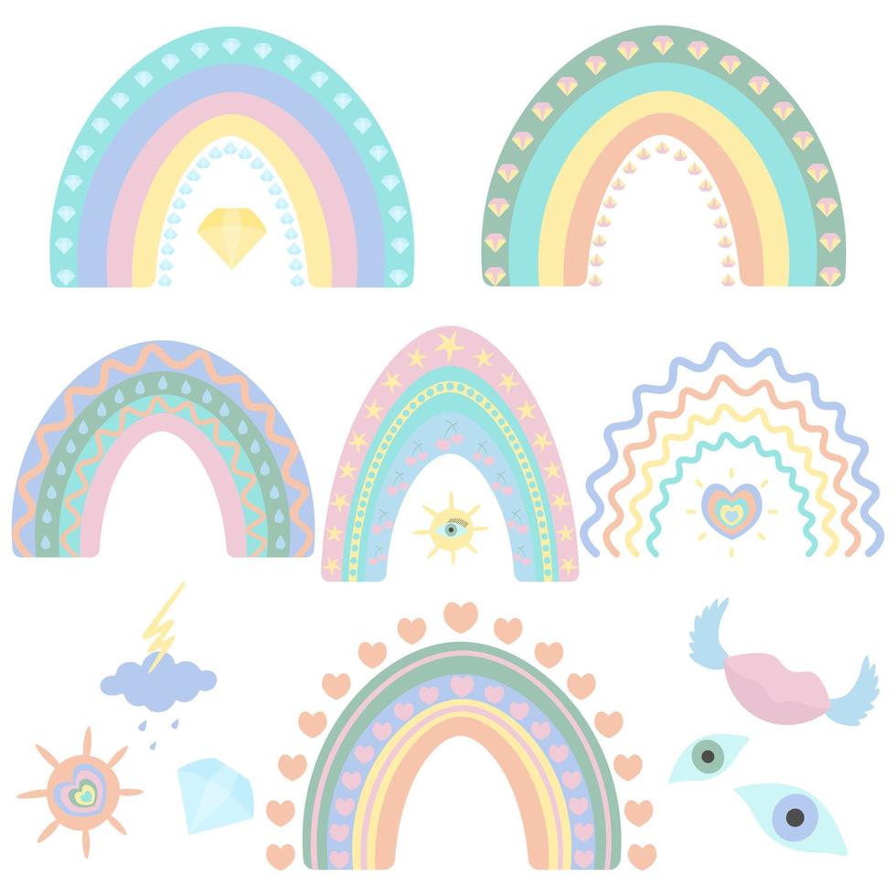 Rainbow. Vector set of illustrations. Isolated white background. Boho style. Colorful collection. A striking natural phenomenon. Ethnic motives. Multicolored stripes with fantasy patterns. Pastel tone