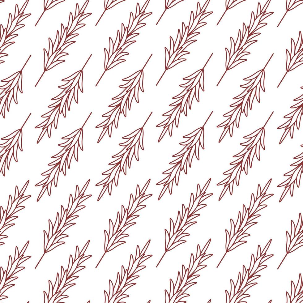 Rosemary. Red sprig of fragrant spice. Repeating vector pattern. Seamless floral ornament. Abstract background of twigs with leaves. Isolated colorless background. Doodle style.