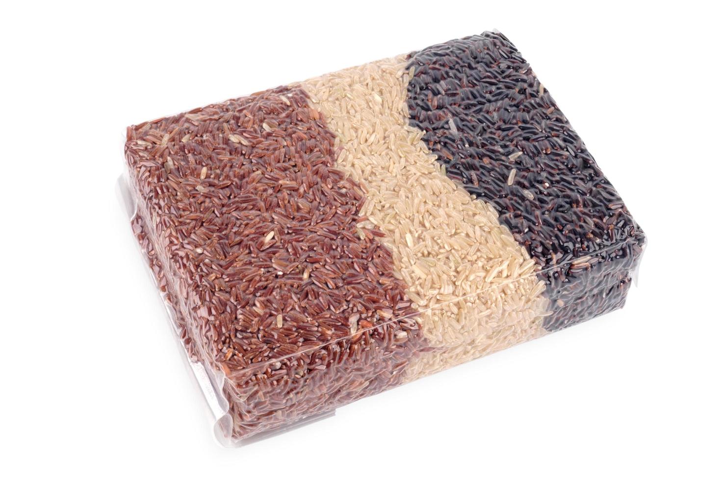 Jasmine rice, Brown rice, Mixed rice and Riceberry in vacuum bag. photo