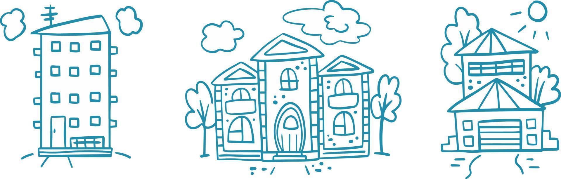 Doodle houses set vector