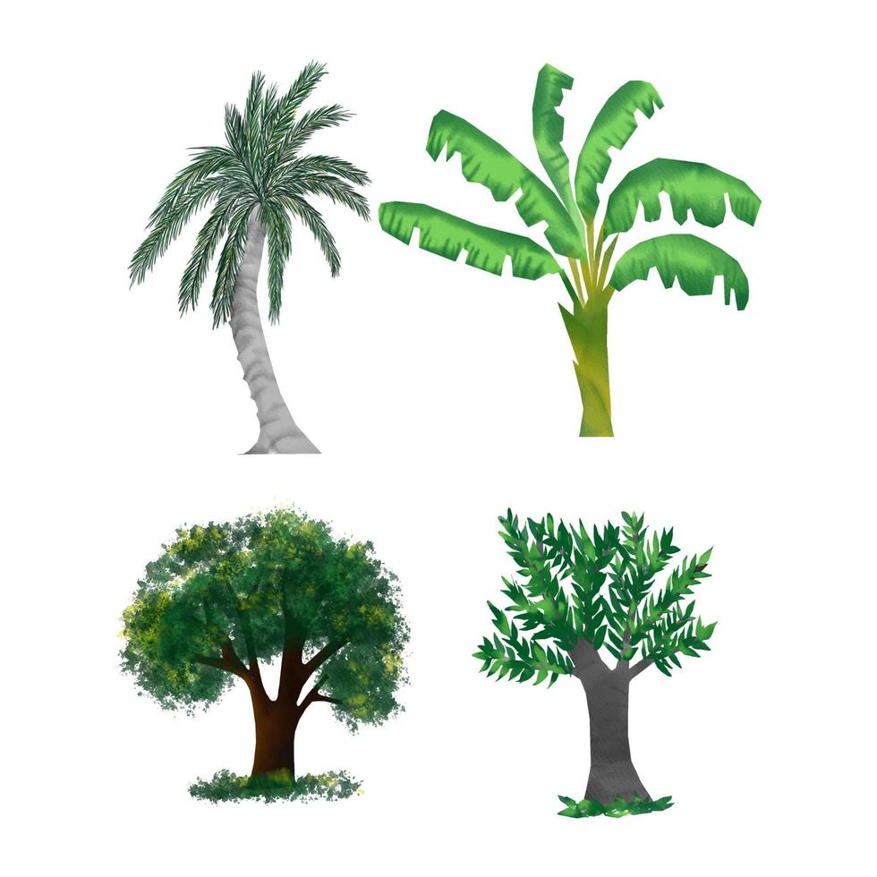 conjunto de imágenes prediseñadas de árbol pintado a mano de acuarela vector