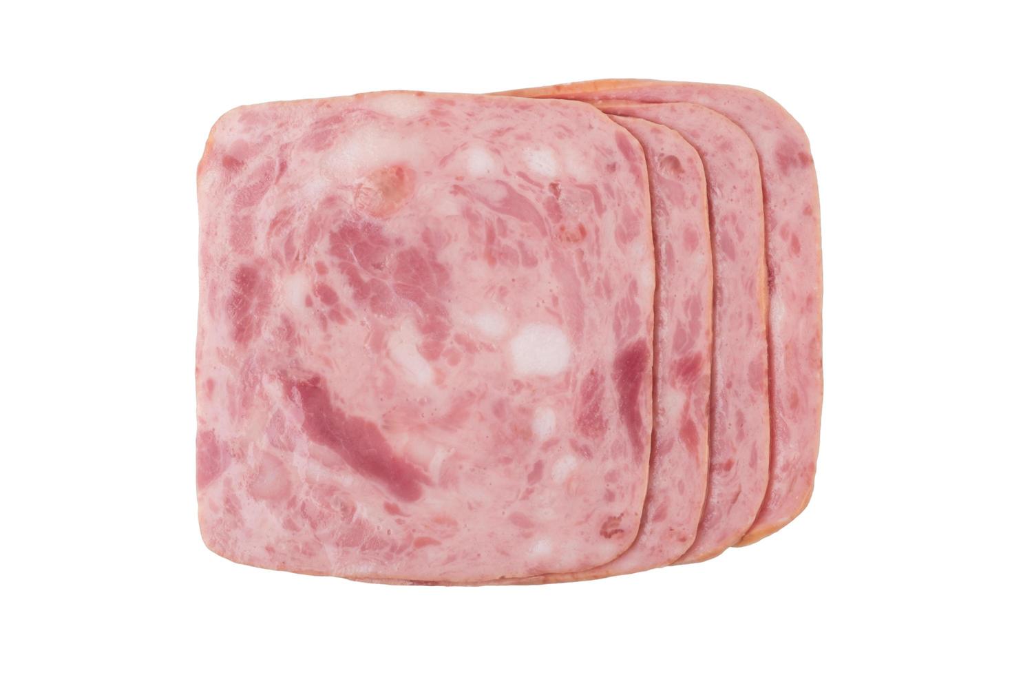 Squared slice of ham isolated on white background photo