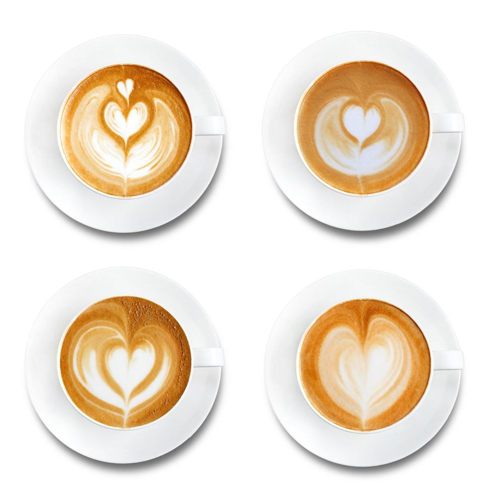 Top view of hot coffee latte art set isolated on white background