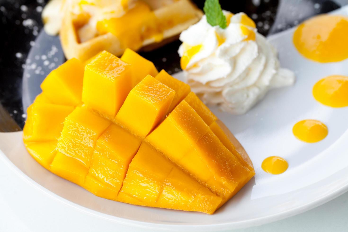 mango and waffles with ice cream photo