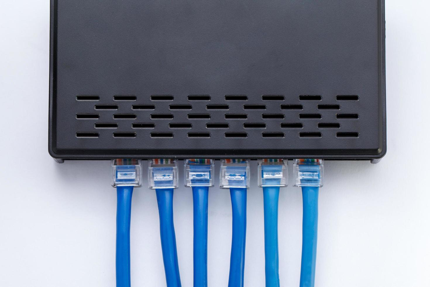 LAN network switch with ethernet cables plugged in photo