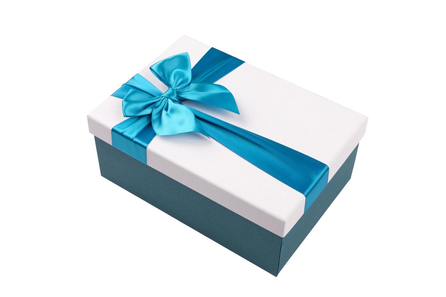 White gift Box with light blue ribbon Isolated on white background photo