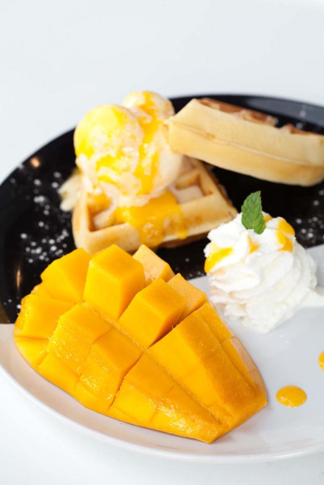 waffle with ice cream and mango photo