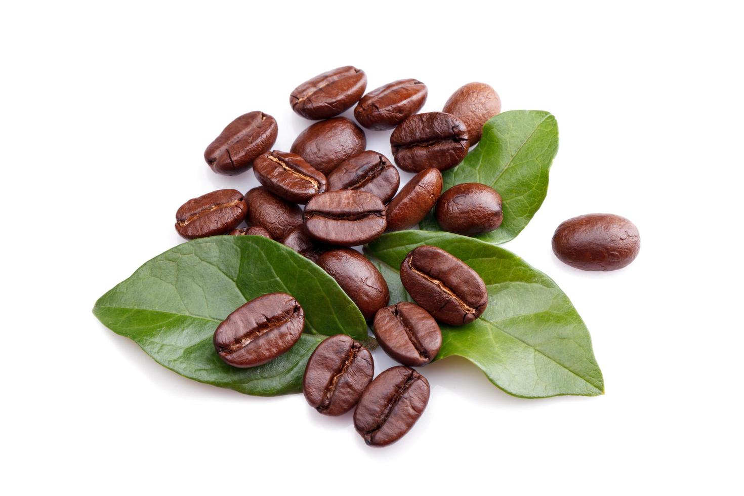 granos de café y hojas sobre fondo blanco foto