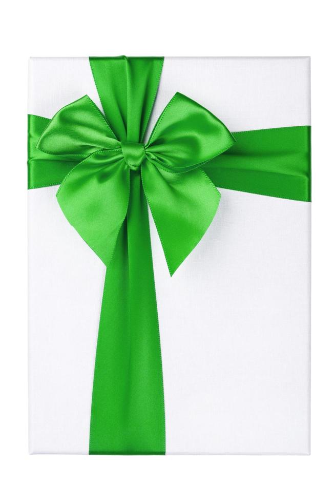 White gift Box with green ribbon Isolated on white background photo