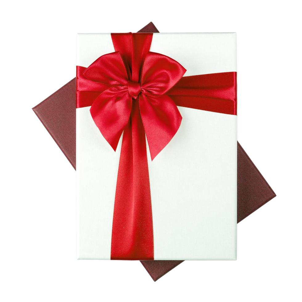 White gift Box with red ribbon Isolated on white background photo