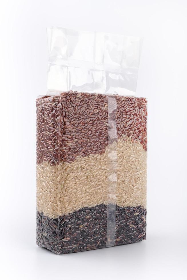 Jasmine rice, Brown rice, Mixed rice and Riceberry in vacuum bag. photo