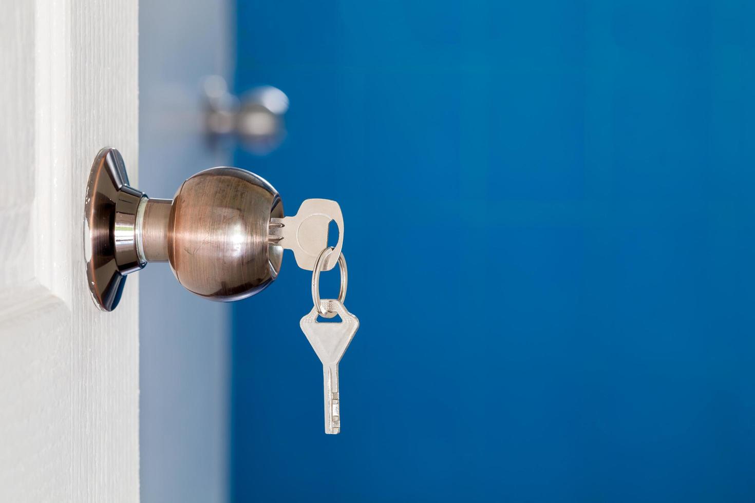 Open door with keys, key in keyhole photo
