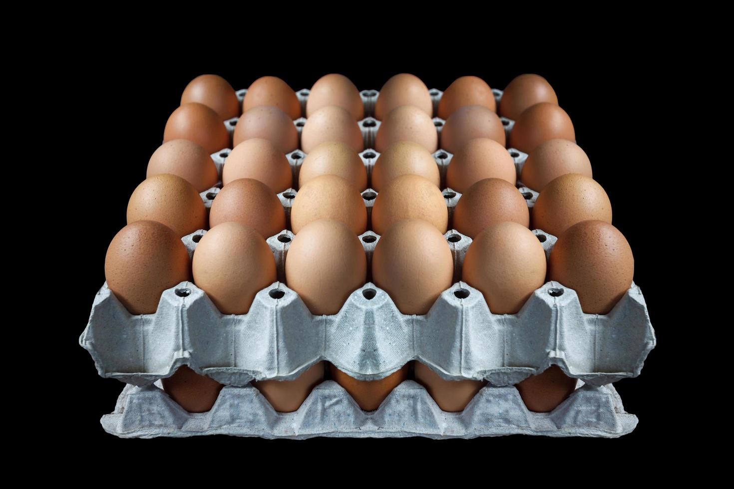 huevos en bandeja de papel sobre fondo negro foto