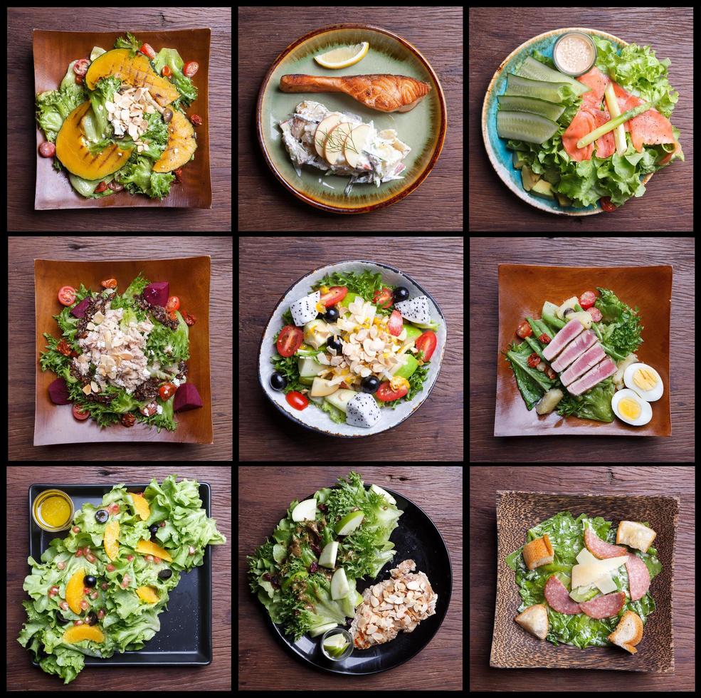 Including healthy foods salad set. fruit salad,ham bacon,salmon,Caesar salad,tuna salad photo