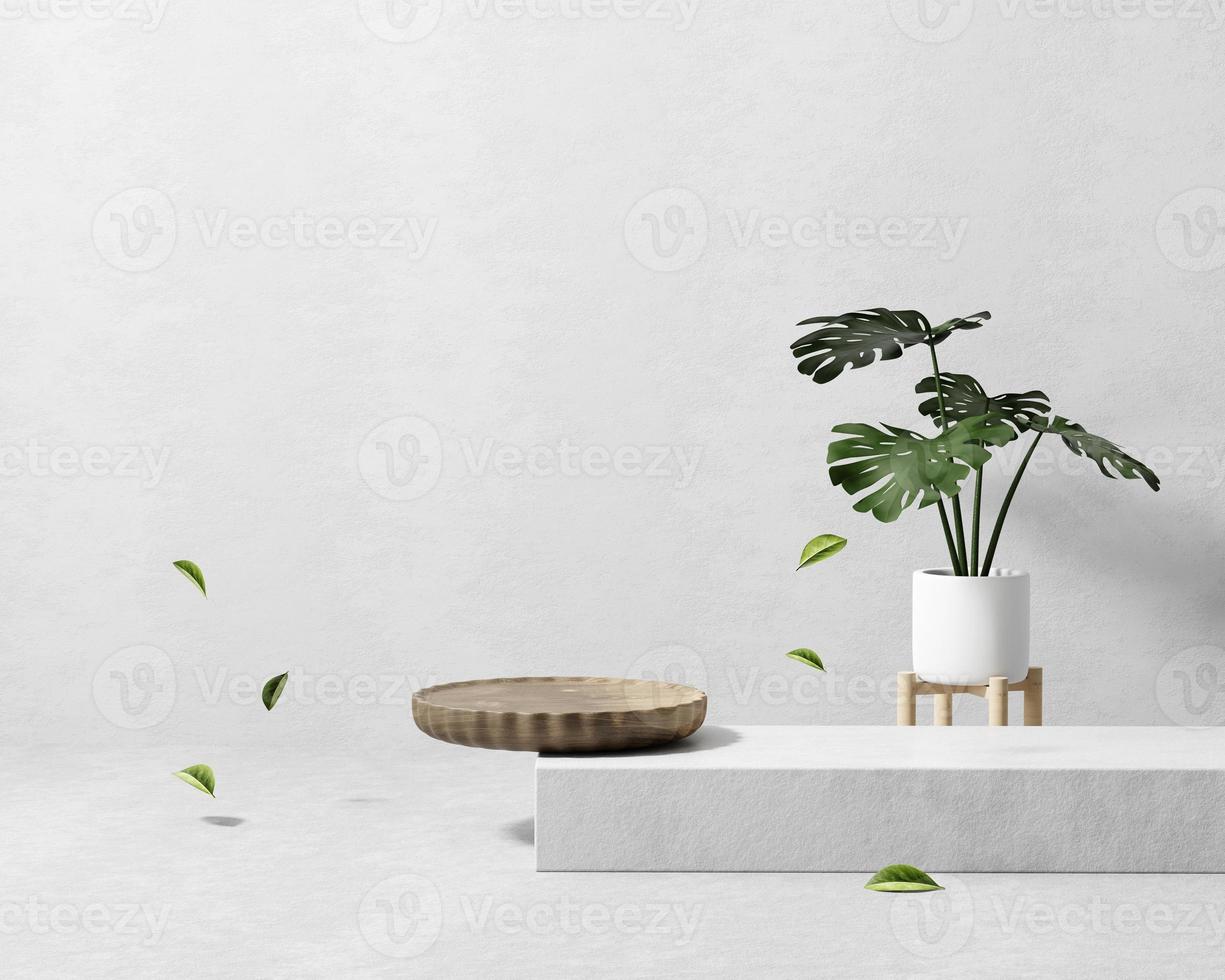 3D rendering abstract platform podium product presentation with plant backdrop photo